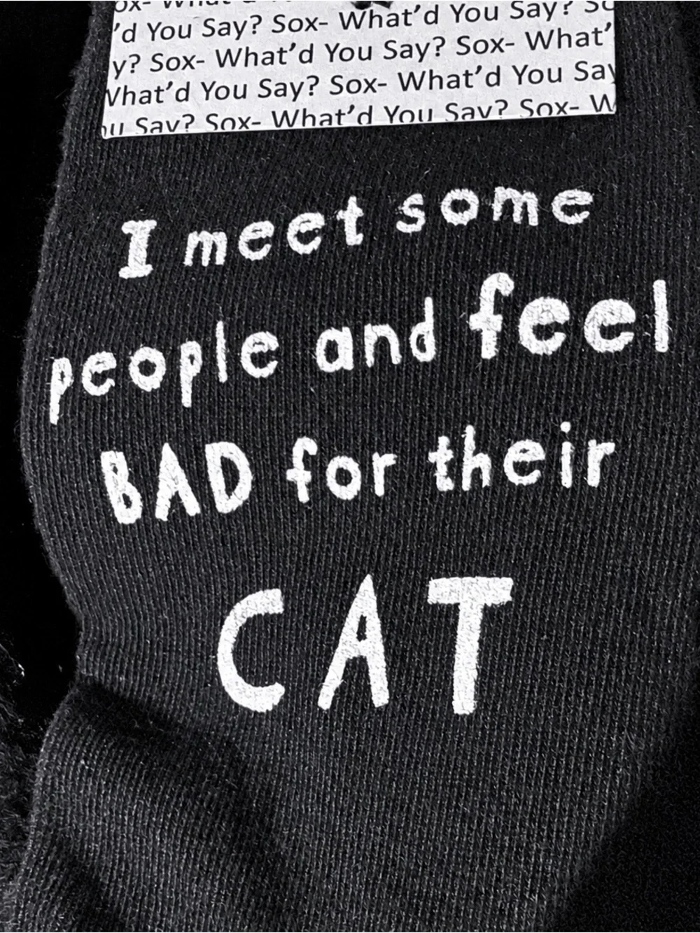 What'd You Say Sox 'I Feel Bad for Their Cat' Black Crew Socks